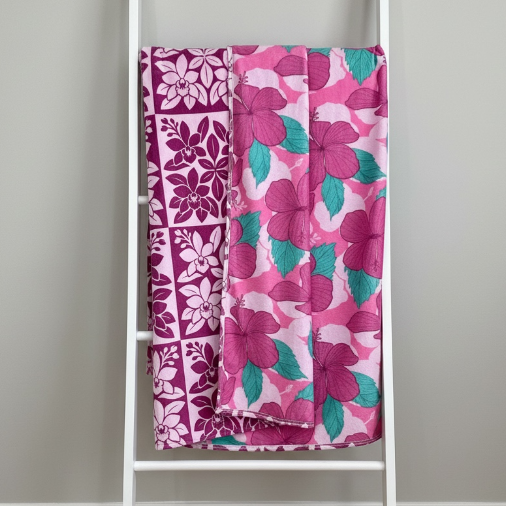 Large: Berry Heirloom/Island Pink Hibiscus Minky Blanket