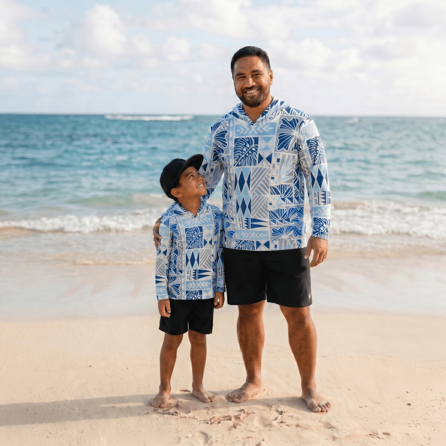 Adult Blue Tropical Kapa Dri Fit Hooded Long Sleeve Tee - Sweet Sweet Honey Hawaii