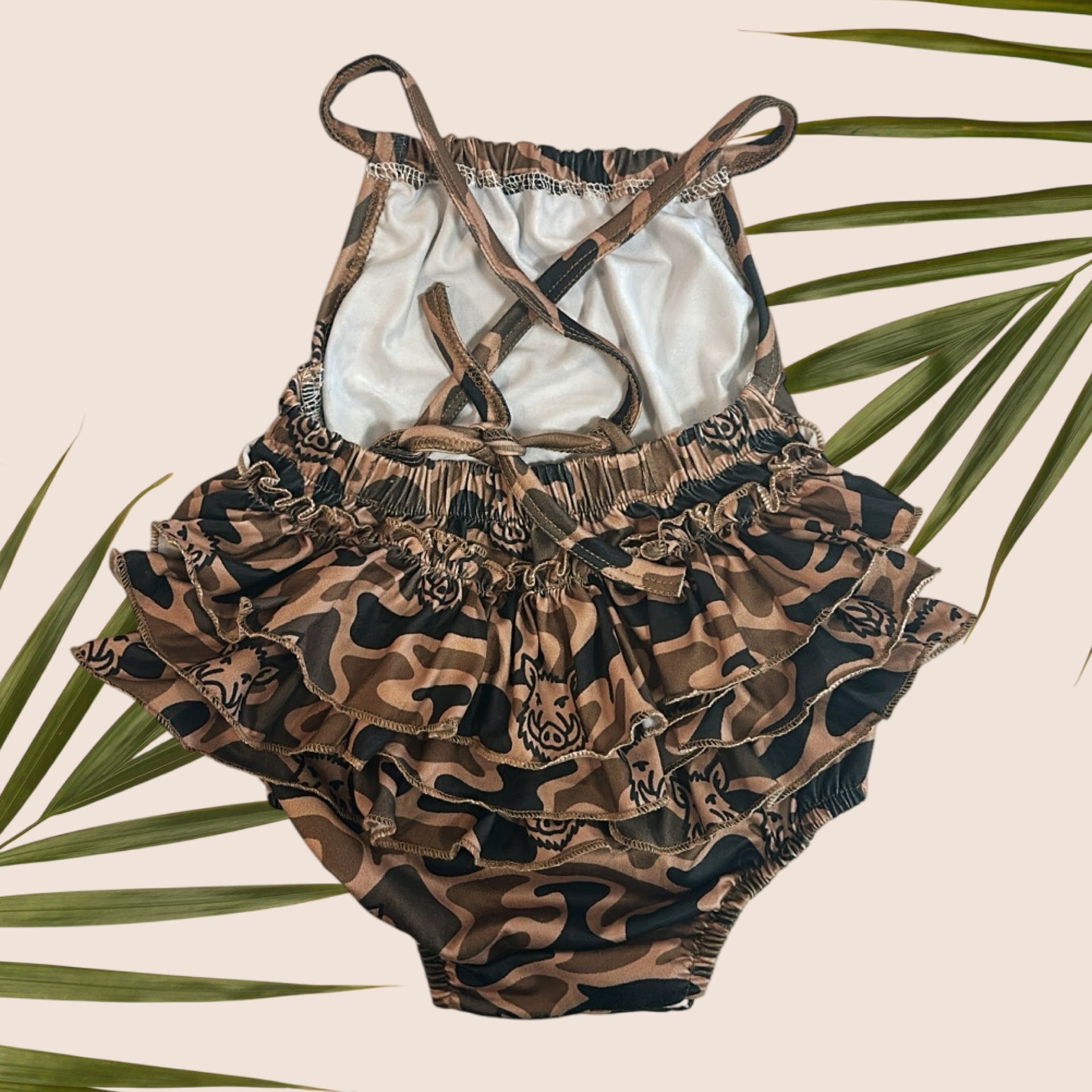 Brown Camo Boar Ruffle Halter Romper - Sweet Sweet Honey Hawaii