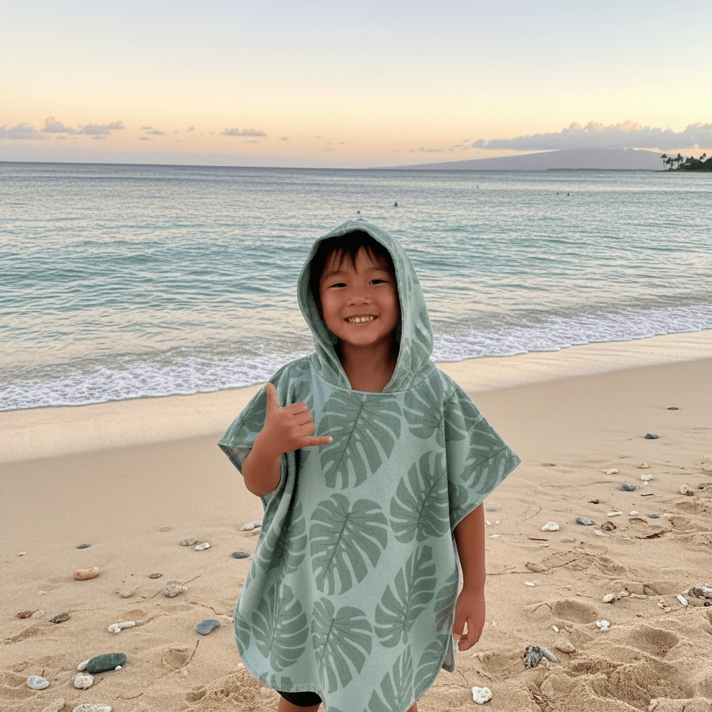 Kid's Green Monstera Hooded Towel - Sweet Sweet Honey Hawaii