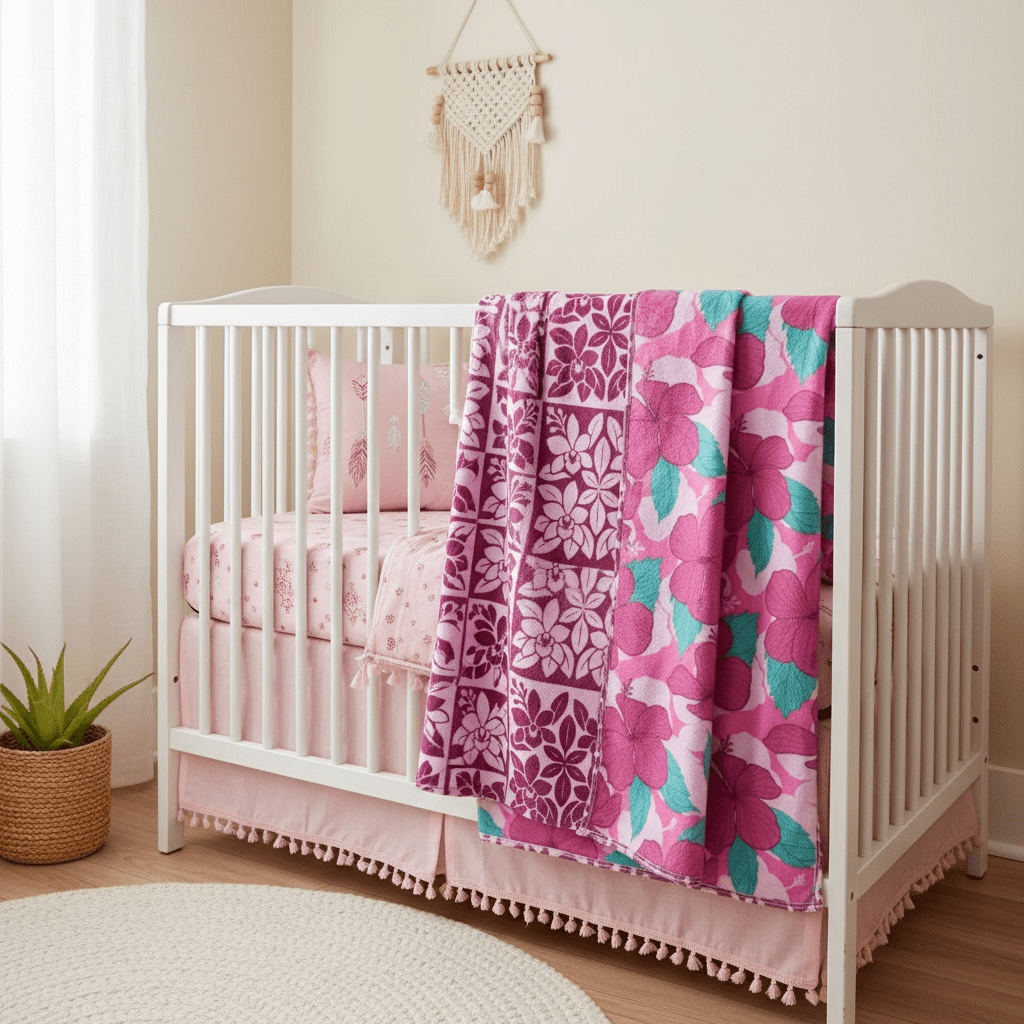 Large: Berry Heirloom/Island Pink Hibiscus Minky Blanket - Sweet Sweet Honey Hawaii