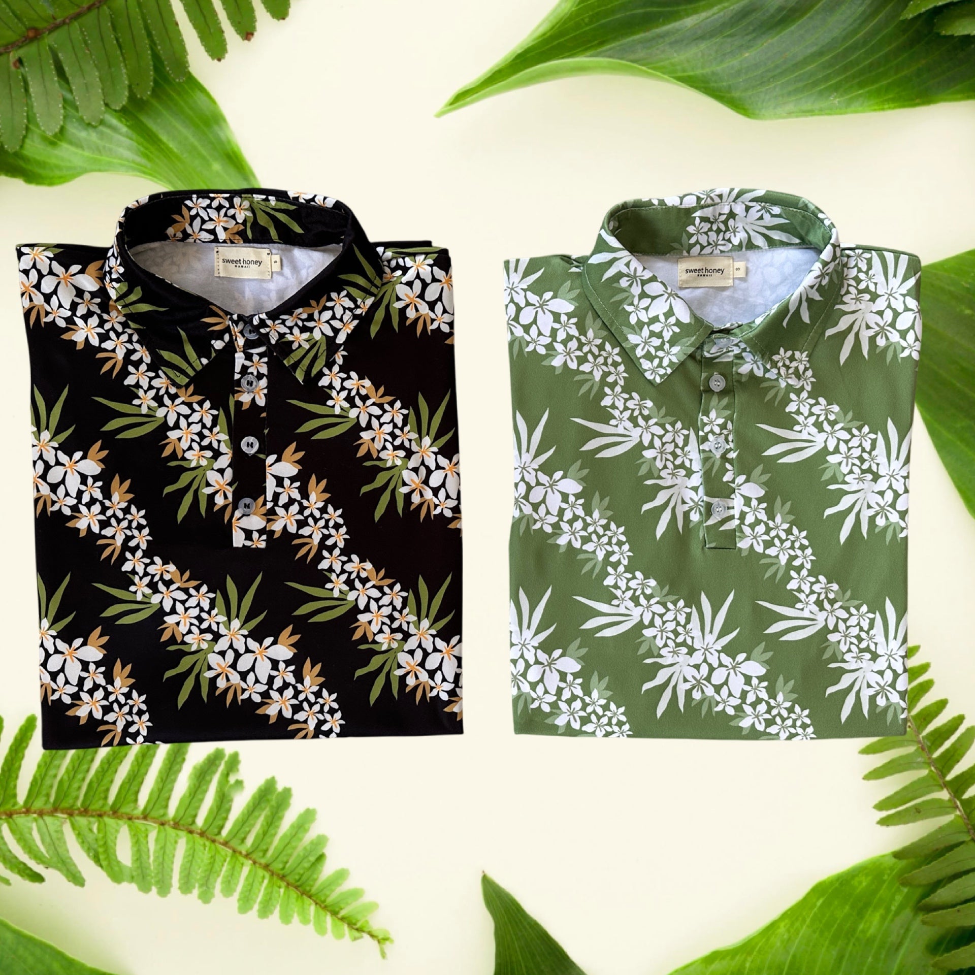 Lei Hiwa Green Men's Collared Shirt - Sweet Sweet Honey Hawaii