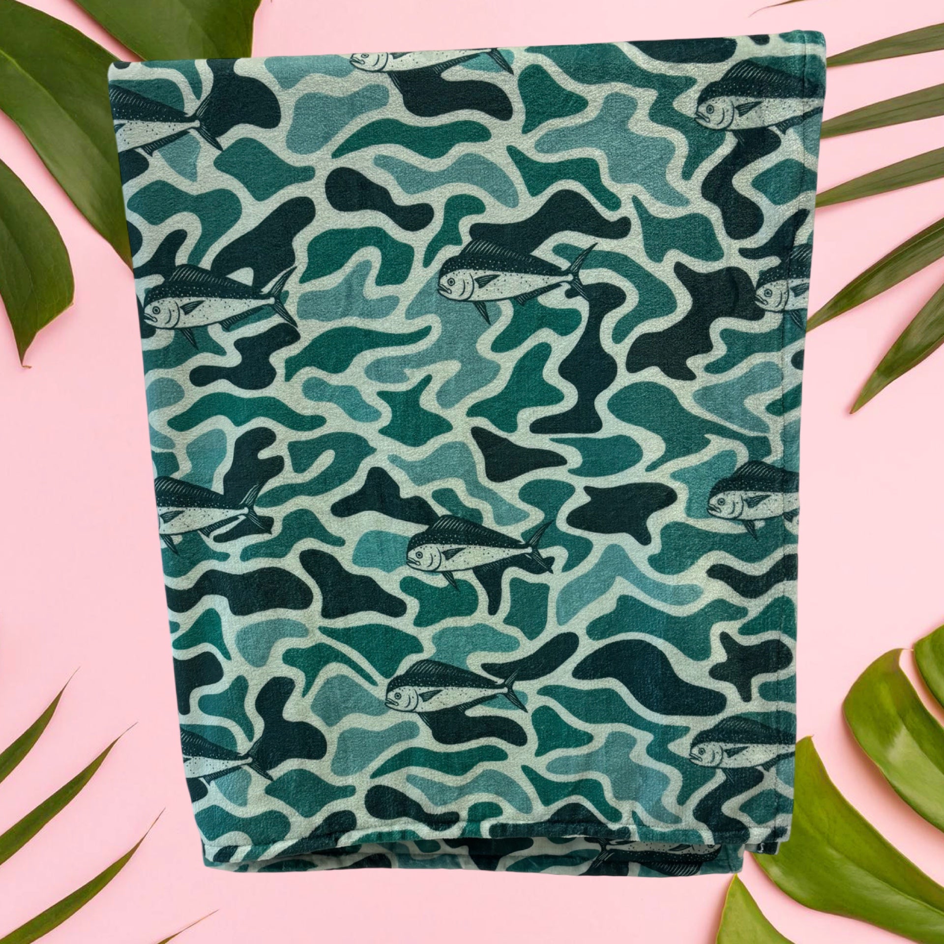 Medium: Mahi Mahi/Green Monstera Minky Blanket - Sweet Sweet Honey Hawaii