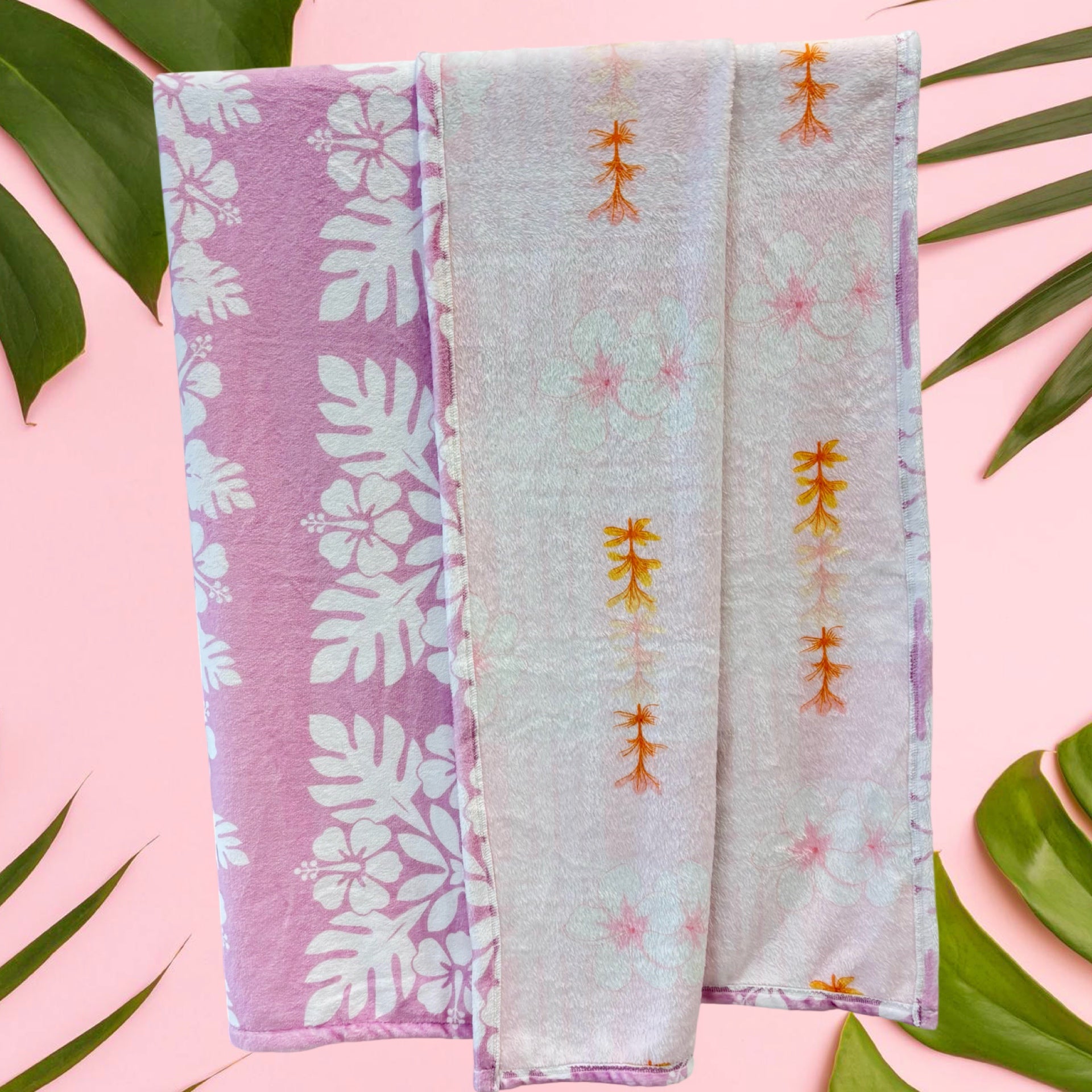 Medium: Pink Plumeria palaka /Purple Quilt Hibiscus Minky Blanket - Sweet Sweet Honey Hawaii