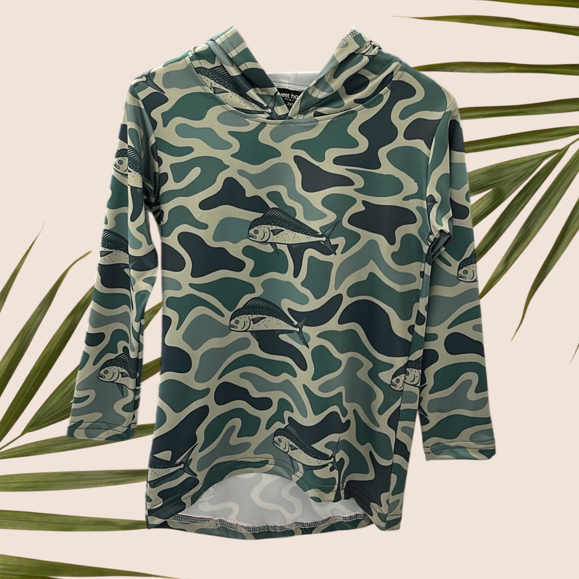 Mens Green Camo Mahi Mahi Dri Fit Hooded Long Sleeve Tee - Sweet Sweet Honey Hawaii