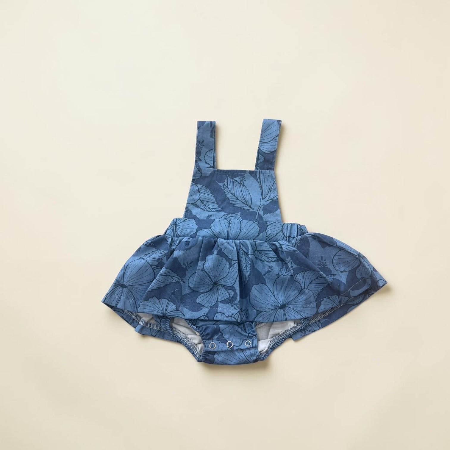 Midnight Blue Hibiscus Denim Ruffled Onesie - Sweet Sweet Honey Hawaii